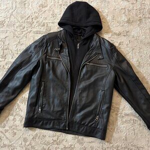 GUESS Hooded Faux Leather Moto Jacket Black – Removable Hood Insert – Zip Pocket